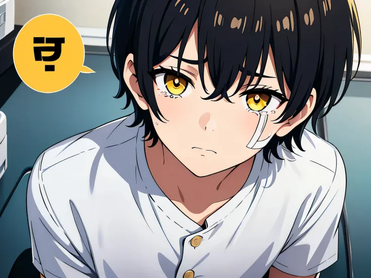 image of a boy with bandages on his face, he has wounds on face, yellow eyes, black hair, smooth hair, short hair, crying, wearing white school shirt, half body illustration, sad expression, loser, sitting on hospital bed