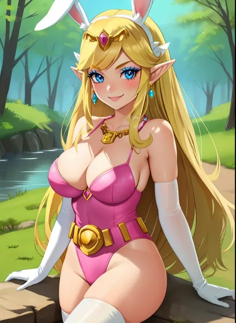 toon zelda, 1girl, solo, long hair, smile, blonde hair, gloves, jewelry, pointy ears, elbow gloves, belt, necklace, blue eyes, makeup, tiara, eyeshadow, perfect breasts, ,earrings glossy lips ,looking at viewer, blush, large breasts, nature, pond, trees, p...