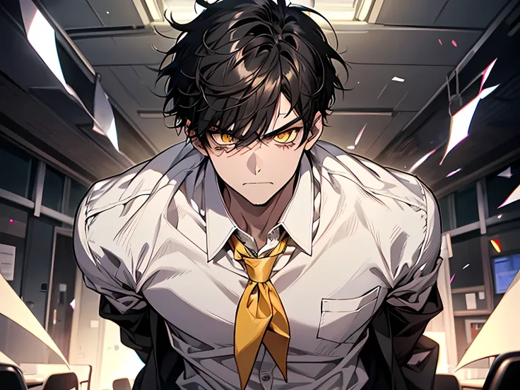 1 boy, with messy hair, black hair, short hair, staring at camera, angry facial expression, yellow eyes, wearing white school shirt, background is in classroom, demonic aura, black lightning around his body
