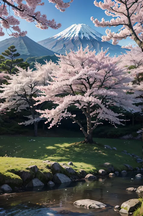 cherry tree、fuji mountain、japan、cherry blossoms、blue sky、​masterpiece、top quality、ultra high resolution、8k、actual、highly detaile...