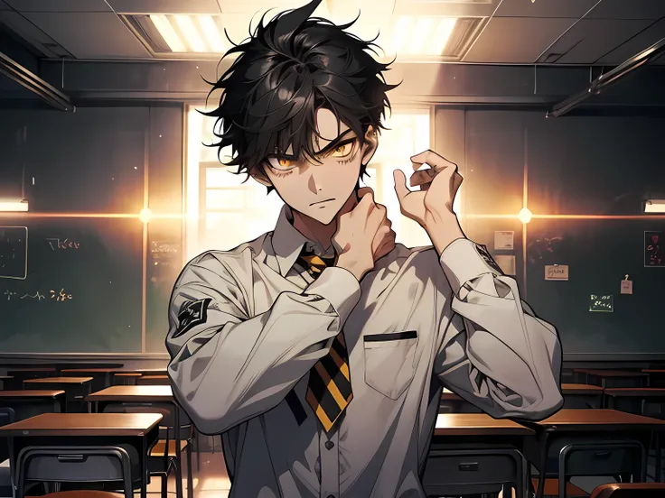 1 boy, with messy hair, black hair, short hair, staring at camera, angry facial expression, yellow eyes, wearing white school shirt, background is in classroom, demonic aura, black lightning around his body, hands up