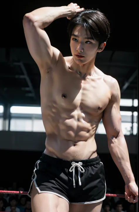 Best quality, super high resolution, (realistic: 1.4), bust photo, gym, 1 asian boy, standing, short hair, upper body naked, muscles, shorts, yang yang, (looking at the audience), (close-up), wrestler, lifting arms, 