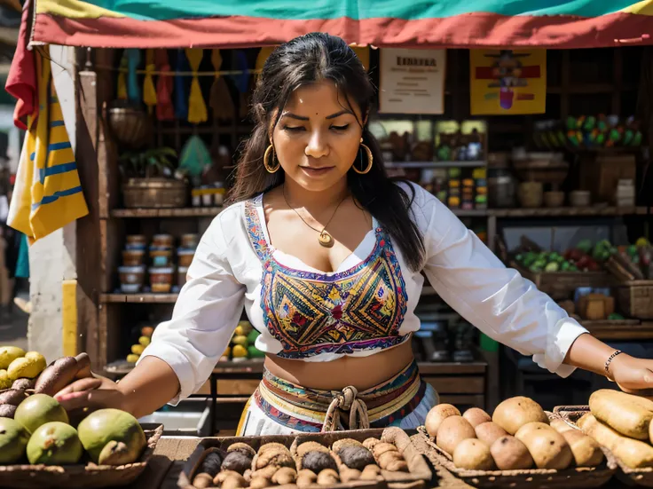 Envision an inspiring image featuring a small business owner in Colombia proudly adorned in traditional indigenous clothes. Capture the vibrancy of their attire, rich with the colors and patterns reflective of their heritage. Set the scene in the context o...