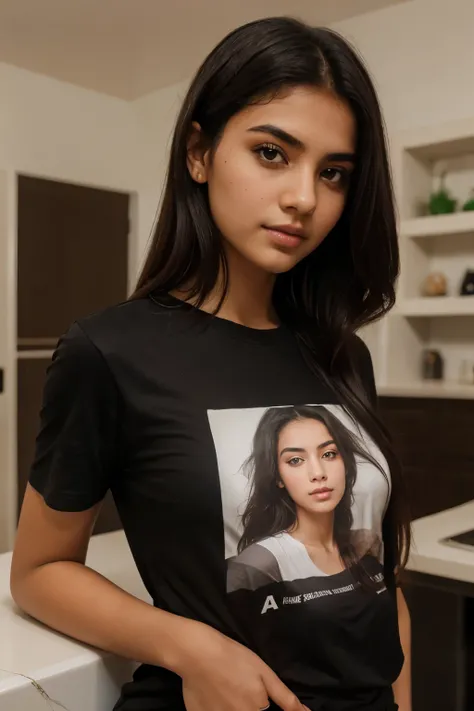 a portrait of a Saudi girl, looking at the viewer head hair black colour(tshirt girl)