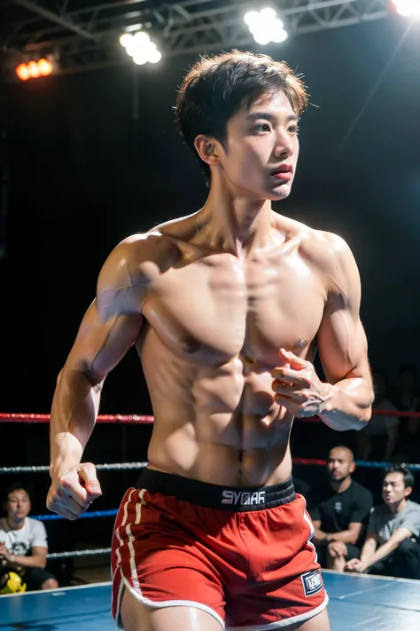 Best quality, super high resolution, (realistic: 1.4), bust photo, gym, 1 asian boy, standing, short hair, upper body naked, muscles, shorts, yang yang, (looking at the audience), (close-up), wrestler((best quality)), ((masterpiece)), (detailed), perfect f...