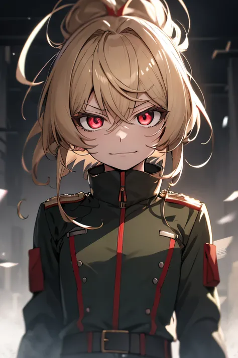 (masterpiece, best quality: 1.1), 1girl solo, tanya, 1girl, solo, petite, flat chest, small breasts, curvy, military, military uniform, ,, evil smile, wicked expression, anger, red eyes, neutral lighting