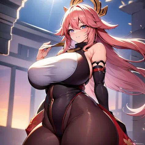 ((extreme detail)),(ultra-detailed), extremely detailed CG unity 8k wallpaper, best quality, Yae_Miko_Genshin_Impact, bodysuit, posing, cowboy shot, lens flare. Girl with thick fat chunky physique. Her height is around 5 feet 2 inches (157 cm), with a huge...