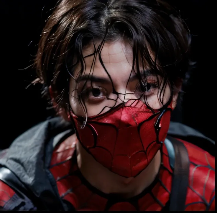 A man with a spider-man mask on his face., cuchilla del grupo de drenaje, malla roja en la cara, red webs, futuristic style spider man, mirada aterradora, spider man portrait, salpicaduras de sangre en los lados, Peter Parker, cai xukun, ( ( Spiderwoman ) ...