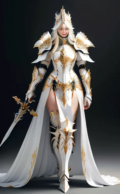 ((high definition realistic)), ((masterpiece)) a close up of a person in a costume with a sword, detailed face, white and red armor, heavy white and golden armor, wearing witchblade armor, glossy white armor, lineage 2 revolution style, elegant armor, orna...