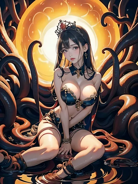 8K quality, anatomically correct limbs and fingers (big breasts: 1.3), (hands hidden behind body), surrounded by a large number of tentacles, vaguely glowing tentacles, looks like oil is applied from the neck down A wet body (breasts facing upwards), flush...