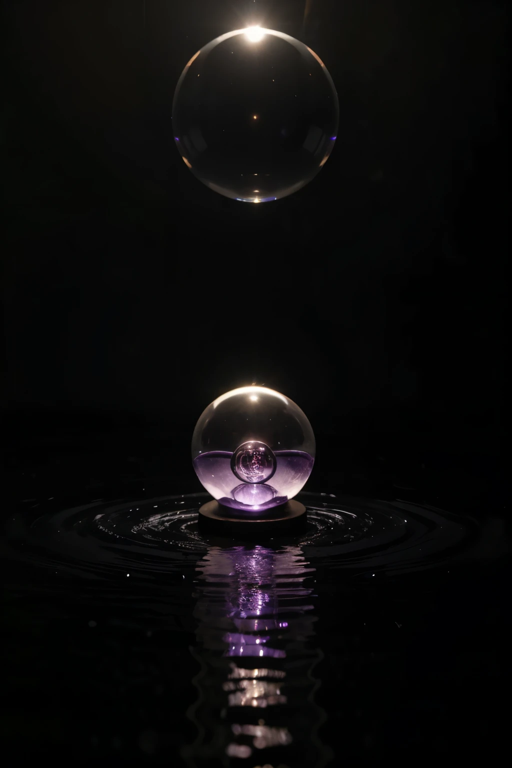 large shining glowing amethyst crystal ball half-immersed in water, ultra 4K resolution, dark background, photo-realistic, rainbow auric field surrounding the ball
