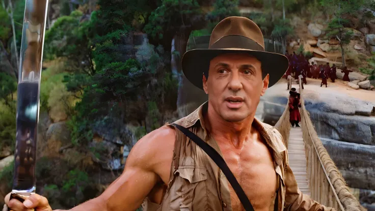 sylvester stallone in a hat holding a knife and a knife in his hand, indiana jones, inspired by John Mossman, inspired by William Mossman, 4k still, iconic film character, sylvester stallone, photo still