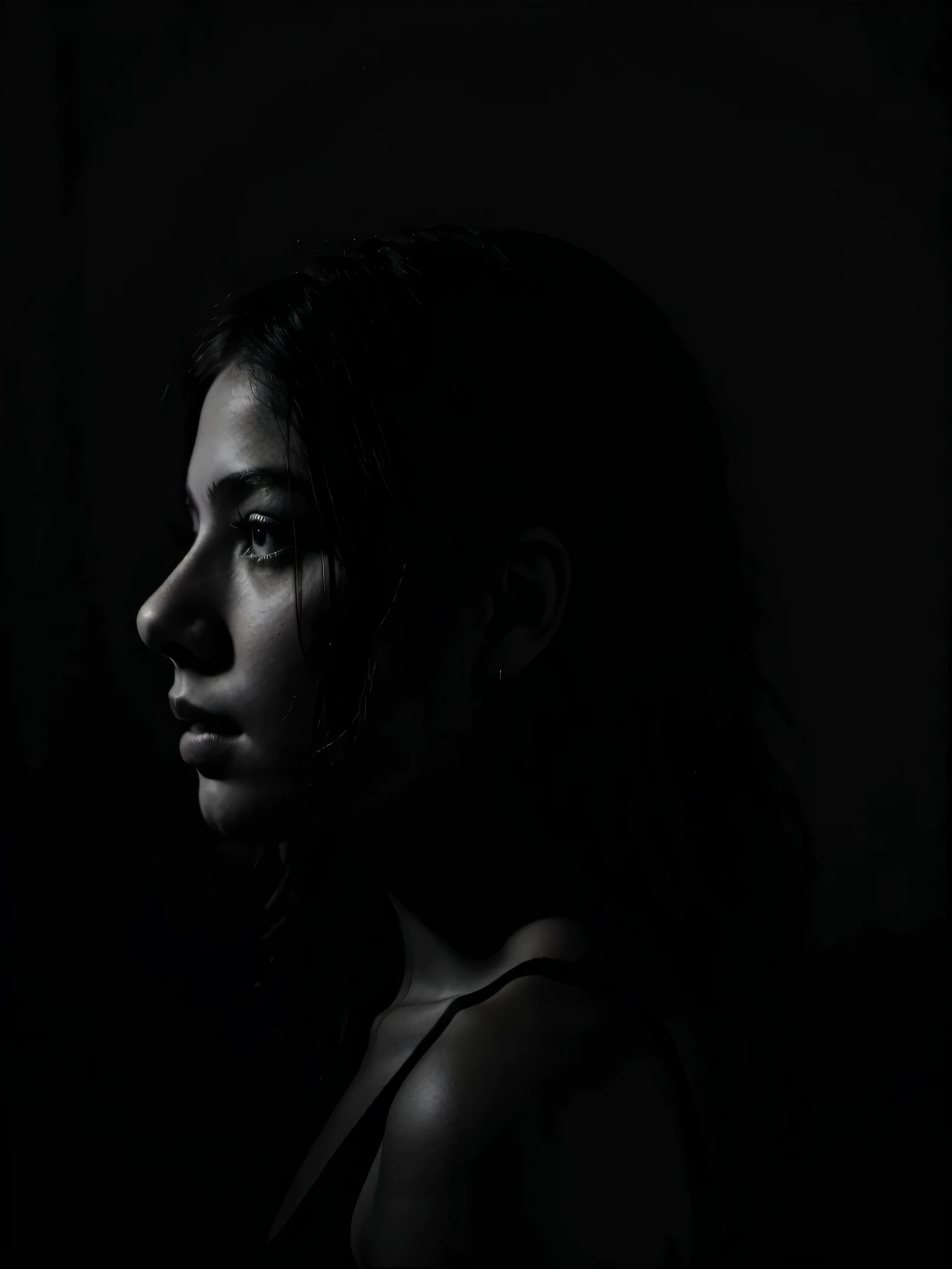 young woman, 22 year old dark background”, black and white color aesthetic, silhouette :7, studio photoshoot, darkmode, dark backdrop, side profile centered portrait