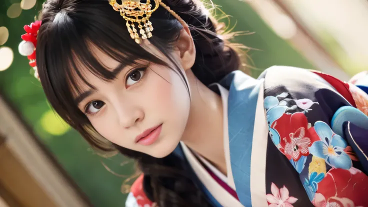 Highly detailed CG unity 8k wallpaper, with the best quality, super detailed pussy, Representative works, Reality, realistic pictures, Highly detailed cute girl, 25 years old, ((japanese, kimono, rush)) , round eyes, large breasts, hair ornaments, whole bo...