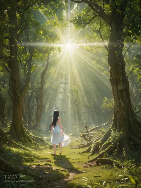 Back view of a beautiful woman with long gray hair in a white dress。barefoot。