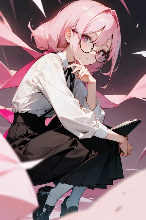 Anime Girl, Pale Pinkish Hair, Tied Hair, Wears Glasses, White Blouse, Long Black Skirt, Black Shoes, Holding a Pink Notebook, Nature Background, Calm, Relaxing, Peaceful, Extreme Close-up Portrait