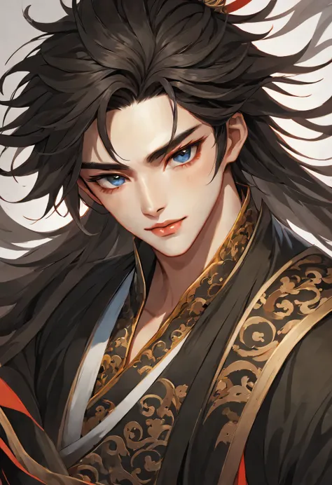 （male character design），（Close-up of black and white picture of cold handsome Chinese guy Pan An），（Close-up from the neck up），（very long messy hair：1.1），（Double eyelids, big eyes and bright eyes），悲伤的The king子，Strengthen muscles，Abs details，Pan An plays the...