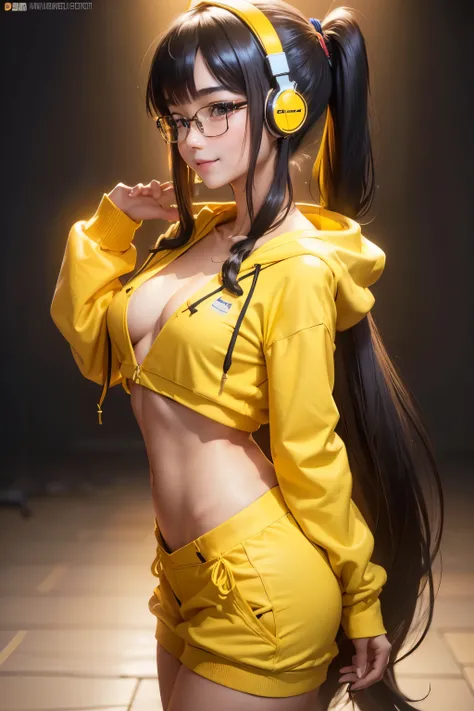 ((from the side)), 1 beautiful Thai girl, Turn to look at the listener., Long hair in a ponytail,, smooth, glasses, Smile mischievously, small breast, perky nipples, ((Over-ear headphones)), full body, Stand still..., ((yellow long hoodie)), (open chest: 1...