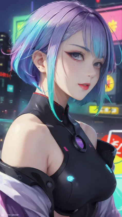 (masterpiece, best quality:1.3), lucy, 1 girl, (colorful hair:1.4), lucy (cyberpunk), cyberpunk,( bare shoulders:0.8), (smile:0....