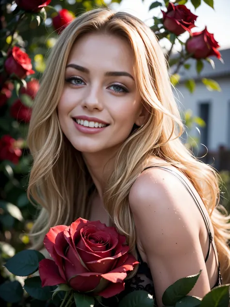 Masterpiece, ultra realistic. Front facing picture. ((The First low third of the picture is full of blurry red roses:1.3)). Behind the roses is an ultra hot gorgeous European woman, age 23, wavy blonde hair, shes a playmate, men magazine model. (She is lea...