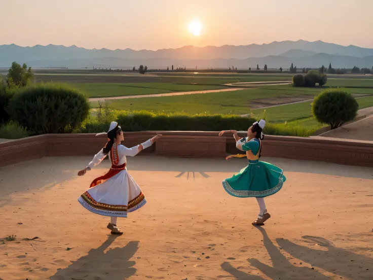 Uzbekistan folk dance pictures，There are people dancing in the middle，sunset background，Both sides are local landscape features