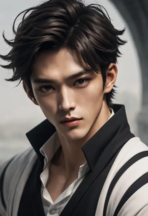 （male character design），（Half-length close-up），（Close-up of front view of melancholy handsome Chinese man Pan An），（Pan An is modern and fashionable in a black sweater），（Pan An’s skin is fair and flawless），The bridge of his nose is high and straight，（Very l...