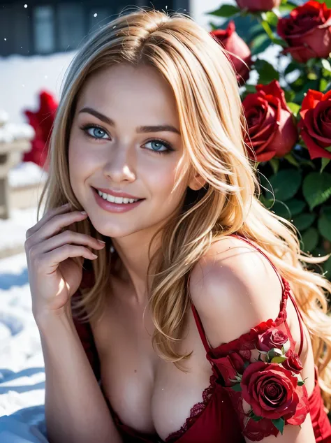 Masterpiece, ultra realistic. Front facing full body shot picture. ((The First low third of the picture is full of blurry red roses:1.3)). Behind the roses is an ultra hot gorgeous European woman, age 23, wavy blonde hair, shes a playmate, men magazine mod...