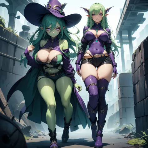 goblin woman, green skin, blue hair, long legs, huge breasts, wide hips, tight shorts, top shirt, boots, purple eyes, 8k, hd, masterpiece, white background, boots, full body