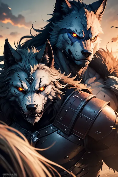 The first character is an extremely strong warrior, shining armor, with a look of hatred, holding the second character by the neck, who is a werewolf who struggles fiercely, fighting in an open field.