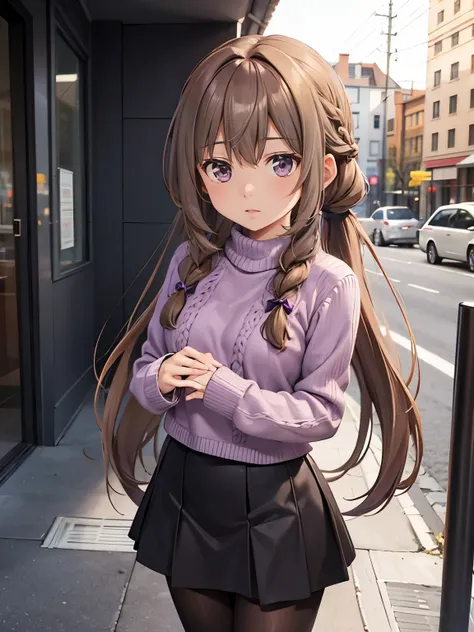 Light Brown hair, long hair, braided ponytail, medium chest, purple sweater, black tights, grayish purple eyes, eyes, bangs, city, kuudere, straight face, large chest, tall, light brown boots