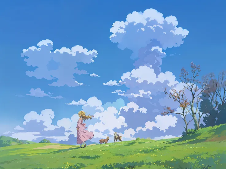 peinture d&#39;une femme vêtue d&#39;une robe rose debout sur une colline, ciel des studios ghibli, high quality animé movie sti...