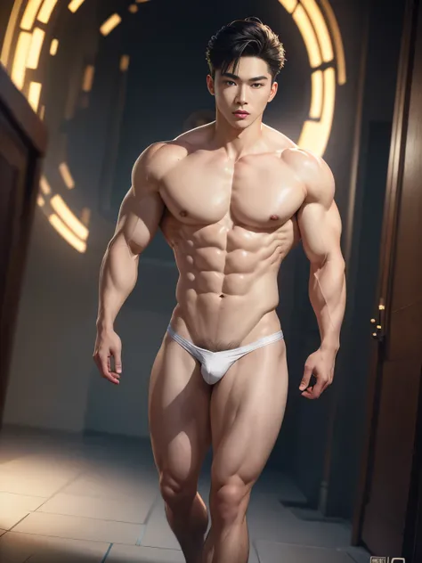 Mind control , (masterpiece, ultra quality, high resolution, 8k, intricate: 1.2), (detailed face:1.2), handsome, Young Korean man ,white skin, double eyelids , detailed skin, 1boy, ((realistic)), abs, good lighting quality, muscle veins, ((pale skin)), (dr...