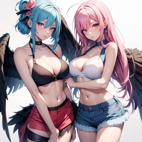 harpy two womans, slim body, long legs, blue wings, pink long hair, red eyes, loose tank top, shorts and mini skirt, huge breast, 8k, hd, masterpiece, white background