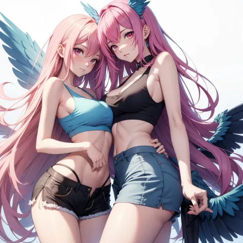 harpy two womans, slim body, long legs, blue wings, pink long hair, red eyes, loose tank top, shorts and mini skirt, huge breast, 8k, hd, masterpiece, white background