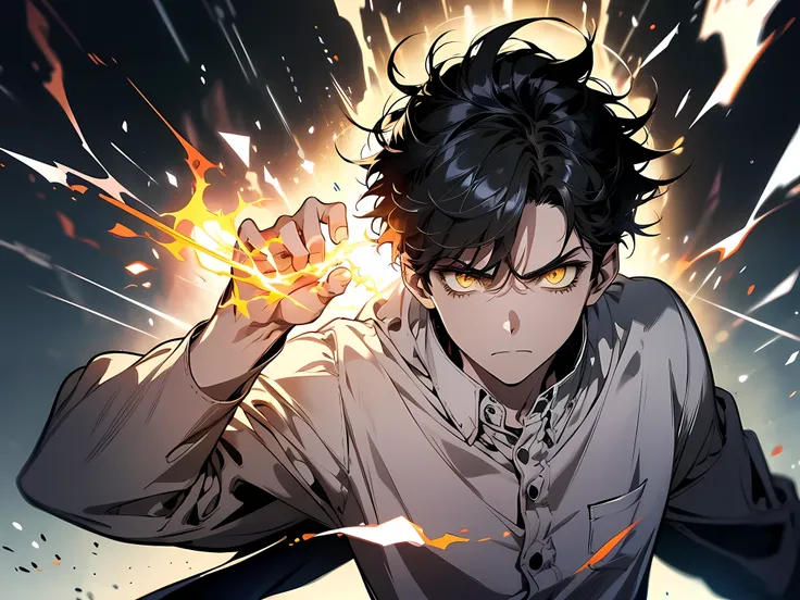 1 boy, with messy hair, black hair, short hair, staring at camera, angry facial expression, yellow eyes, wearing white school shirt, background is in classroom, demonic aura, black lightning around his body, colorful glowing aura in the air, powerfull aura