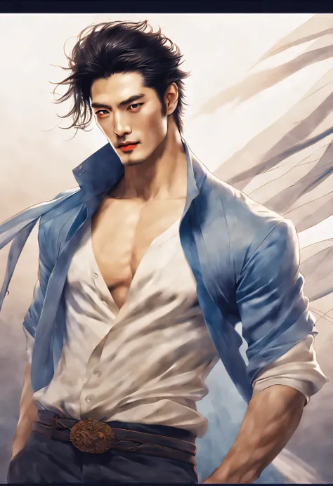 （male character design），（Close-up of bust photo），（Close-up of front view of melancholy handsome Chinese man Pan An），（very long, Messy shawl hair：1.1）（Pan An wears blue jeans, modern and fashionable：0.8），（Toned muscles），（Fresh and toned abs），（Pan An’s skin ...