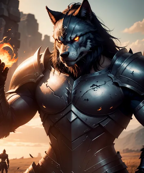 a battle, first character is an extremely strong warrior, shiny armor, look of hatred, holding the second character by the neck who is a werewolf who struggles fiercely, battle environment in an open field, film scene, dramatization, ultra detailed, HD .