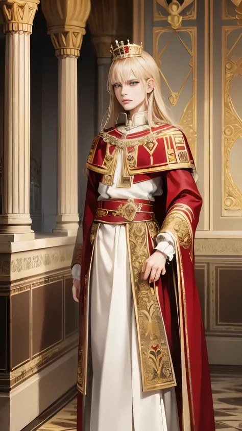 ((masterpiece)),((best quality)),8 thousand, very detailed, very detailed, stylish pose, 13 year old boy in the Middle Ages, king of denmark, Crowned, Long-haired, Wearing a golden crown with red jewels, the most handsome in the world, dressed like a king,...