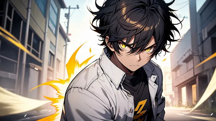 1 boy, with messy hair, black hair, short hair, stare at the camera, angry look, yellow eyes, wearing a white school shirt, devil&#39;s aura, Black lightning appears around the body, A colorful shining aura in the air, powerful aura