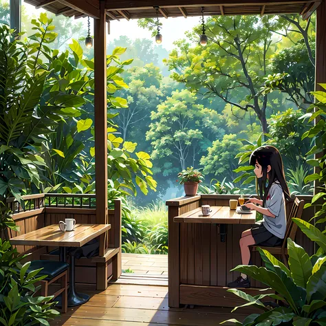 Une fille mignonne assise dans un café. Elle étudie. Le café est dans un jardin. Il y a beaucoup de plantes. Art détaillé. Inspire du voyage de Chihiro. Qualité : 8K. Coffee shop in the jungle. Nature luxuriante. Lofi. Bar en extérieur. student.