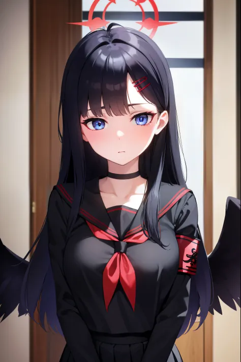 ichikanakamasa, ichika nakamasa, ahoge, black hair, black wings, feathered wings, hair ornament, hairclip, halo, long hair, low wings, red halo, wings,
BREAK armband, black choker, black gloves, black sailor collar, black serafuku, black skirt, choker, glo...