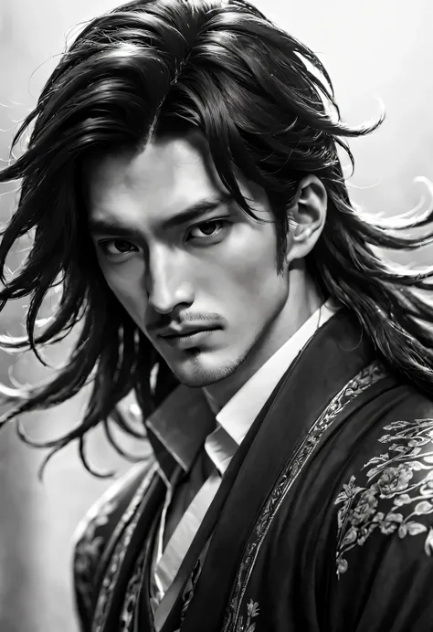 （male character design），（half body photo black and white、close up），（忧郁的中国帅哥潘安正面close up），（very long, messy shawl hair：1.1）（pan a...