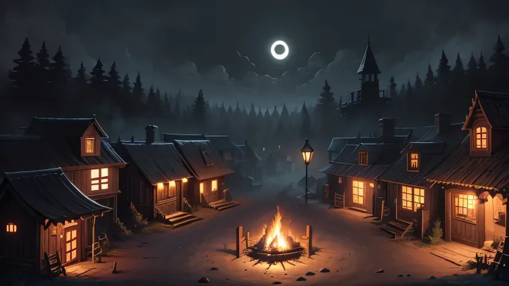 darkest dungeon art style, not cartoon, dark, fire pit center bottom small, gaslight village, wooden walls, no people, grass, dirt trail, no moon, dark ambience, forest, dark