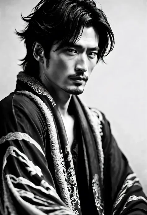 （male character design），（half body photo black and white、close up），（忧郁的中国帅哥潘安正面close up），（very long, messy shawl hair：1.1）（pan a...