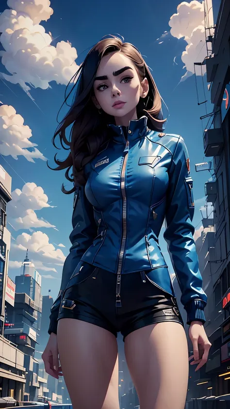 Lily Collins,Tall figure，skin，Upper body shorts，Medium shorts，buttons，zipper，Complex workmanship，icon，company logo，Emit blue light，background with，future technology，cyberpunk city，，big gear，wind，Blue sky and white clouds，