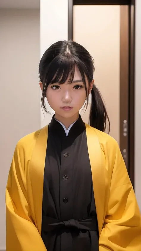 masterpiece, highest quality, look directly, standing up straight, Upper body, cute, so beautiful , ((Front view)), ((Front view)), ponytail hair, black hair, smile, shrine, shining background, Golden kimono, facing the center, The photo shows the shoulder...