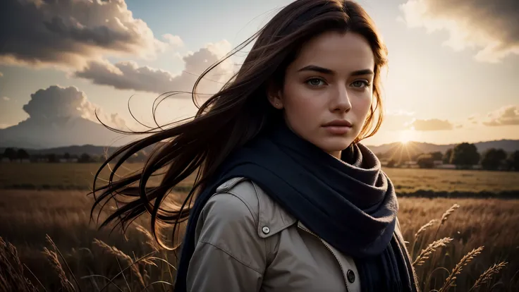 8k, best quality, masterpiece, realistic, ultra detail, photo realistic, Increase quality, a photo of a girl standing in a field with a scarf, in the style of dark and brooding designer, voluminous mass, photobash, serene faces, jagged edges, navy, natural...