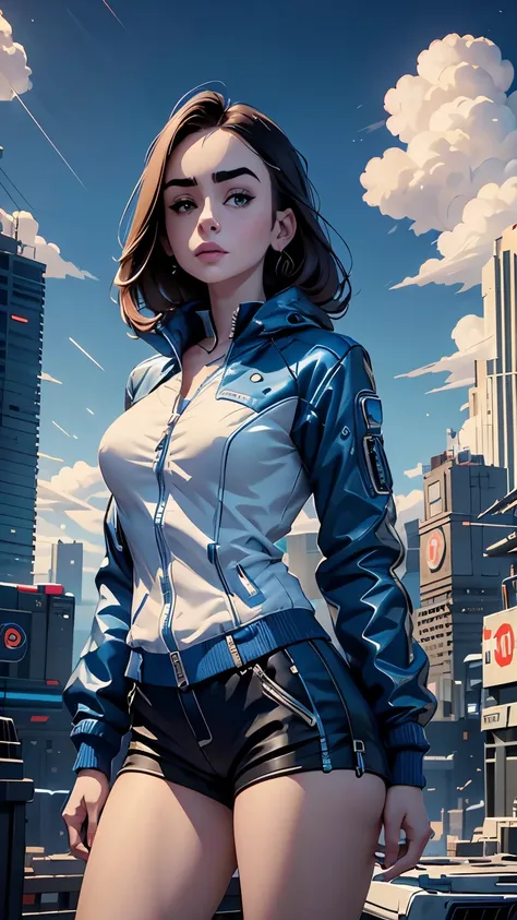 Lily Collins,Tall figure，skin，Upper body shorts，Medium shorts，buttons，zipper，Complex workmanship，icon，company logo，Emit blue light，background with，future technology，cyberpunk city，，big gear，wind，Blue sky and white clouds，