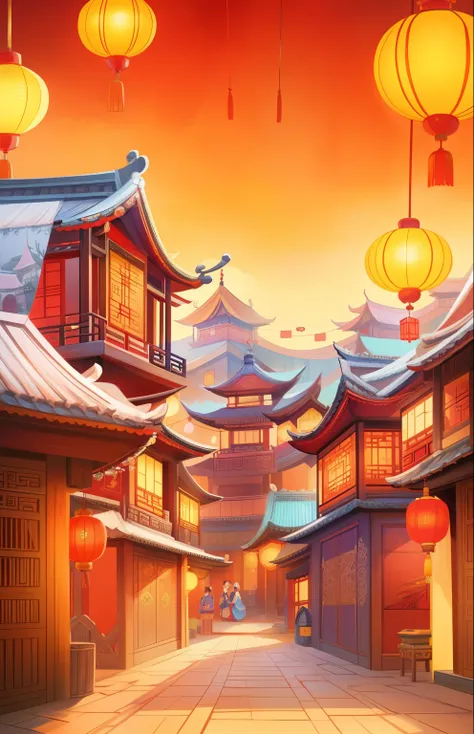 there are many lanterns hanging from the ceiling of a china village, Dream China Town, rossdraws global illumination, by Artie Guerlain, inspired by Artie Guerlain, Just a joke, Atey Ghailan style, animated illustration style, Stylized digital illustration...