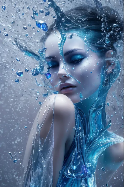 Photo of splash of transparent liquid in beautiful woman shape，Blue liquid，crystal clear，whole body，Its amazing